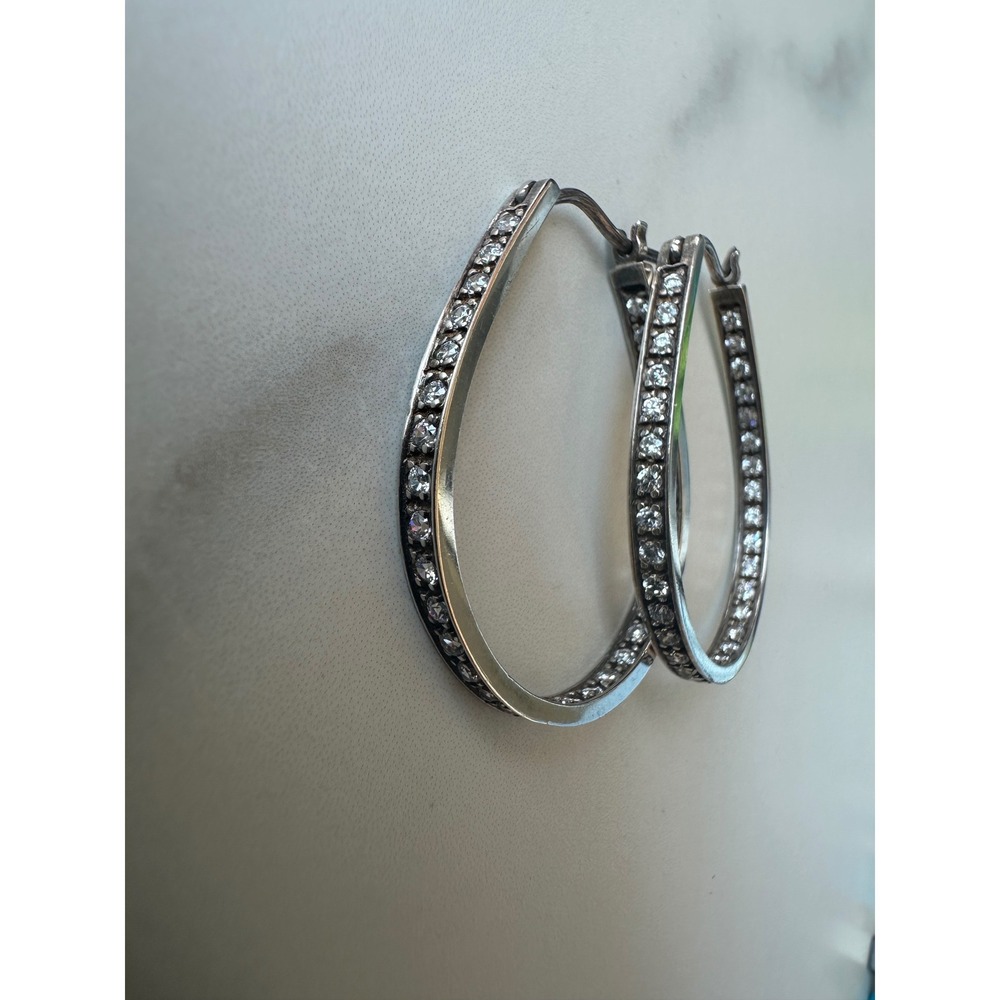 Sterling Silver 925 Cubic Zirconia Bead Set Teardrop Hoop Earrings